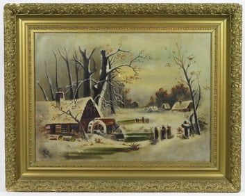 Winter Mill Landscape Painting