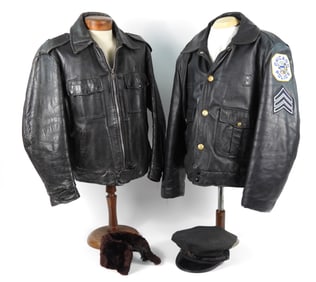 3PC Vintage Leather Police Jackets & Cap