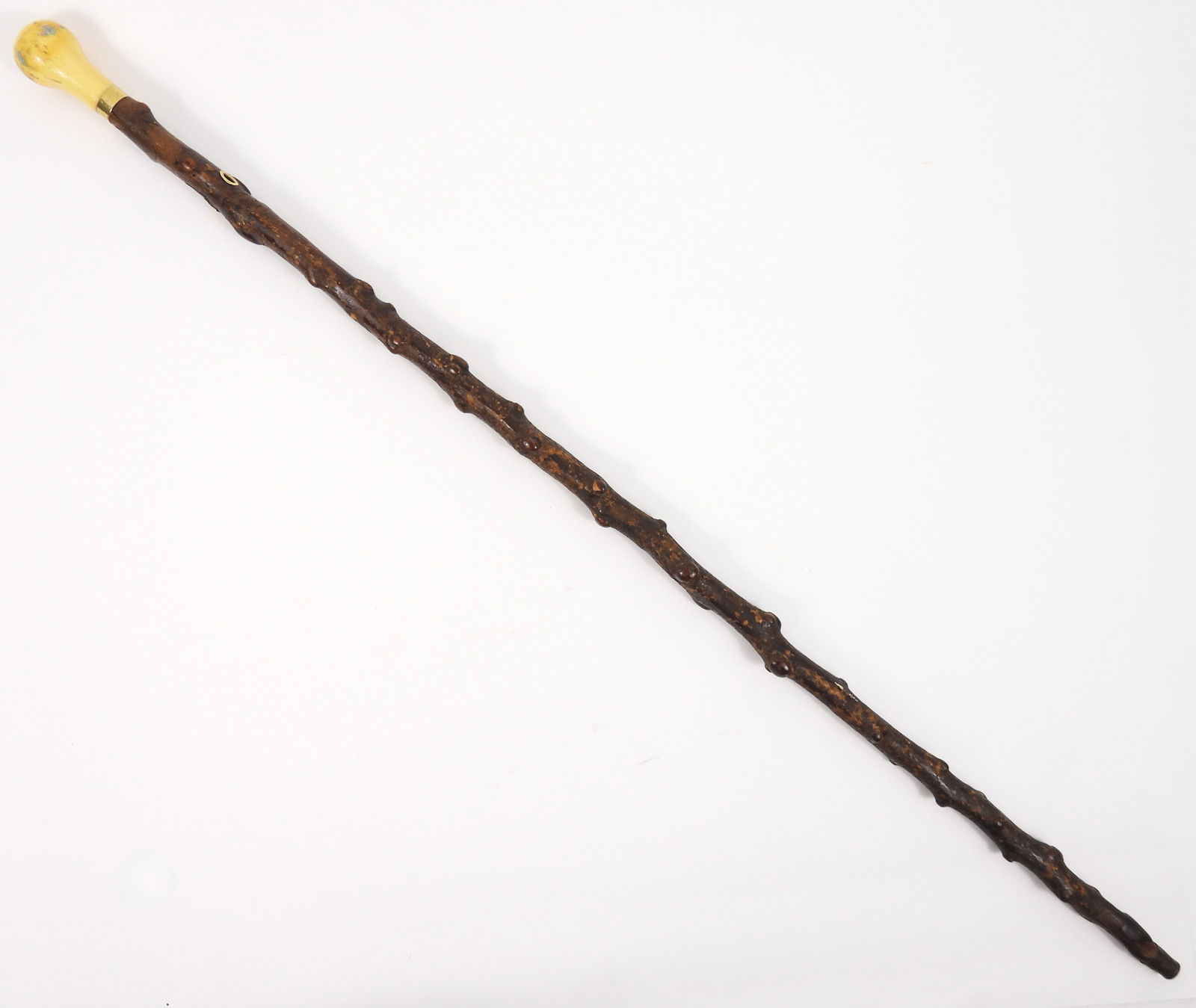 19C 14K Gold & Bone Briarwood Cane: United States, 19th Century, Wood, 14K gold, bone. Briarwood cane with bone knob handle and 14K gold band marked "Rutgers Van Brunt." The cane may be associated with Rutgers Van Brunt (1820-1863) of N