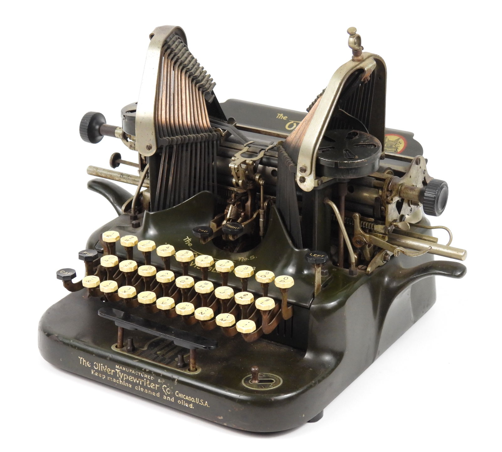 Antique Oliver No 5 Typewriter: Early 20th Century, Metal. Standard Visible Writer with all keys present and operable as tested. Ribbon and decals still present, does require a cleaning and oil is order to work correctly.