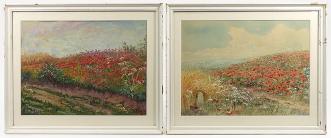 2PC Petr Jaros Flower Field WC & O/B Paintings