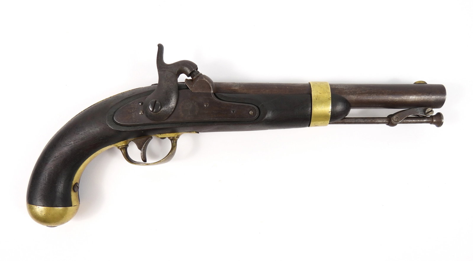 Fake Palmetto Armory Percussion Pistol: United States. .56-inch, NSN, walnut stock, brass fittings, a few with "C" condemned marks, lock looks new and aged, barrel marked "C" under the lock below the bolster, barrel tang marked "1853", bree