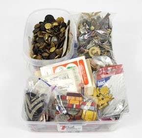 Group of Military Medals, Pins, and Buttons