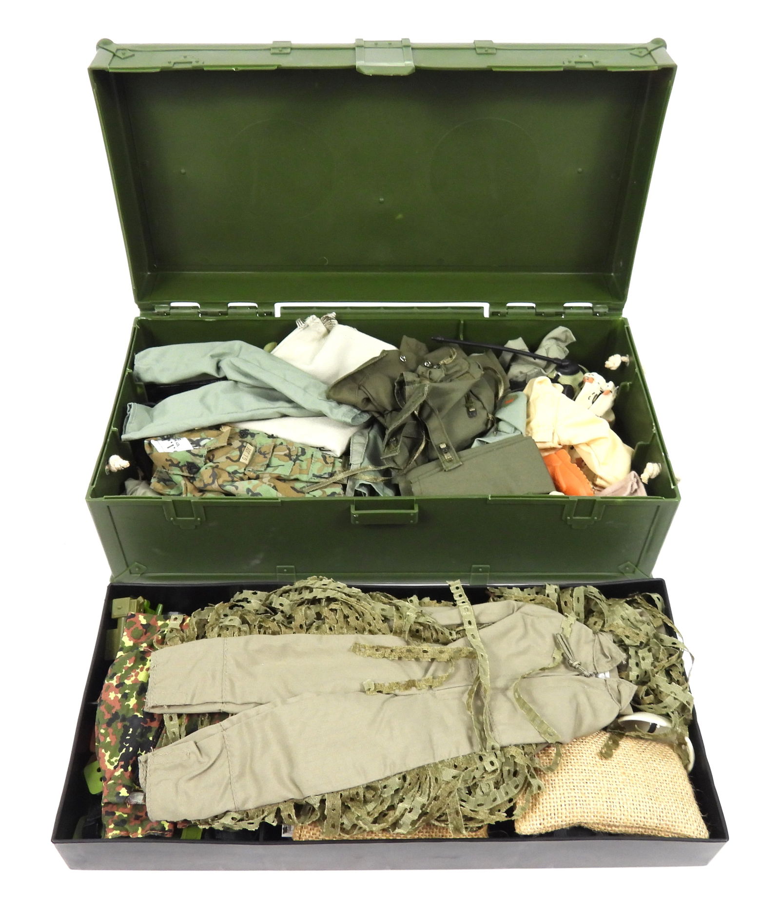 1993 GI Joe Footlocker w/ Accessories: 1993, Plastic, textile. 1993 Hasbro GI Joe green plastic footlocker with an assortment of clothing and accessories. 5 1/8" t x 13 3/4" w x 6 3/4" d