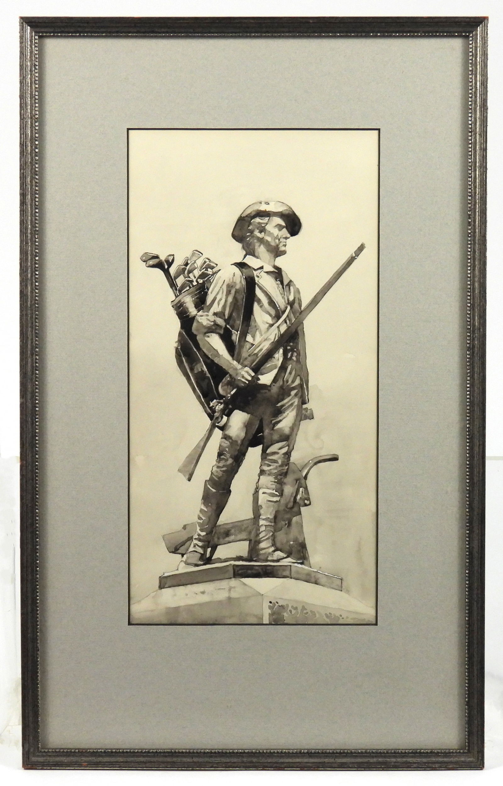 Golfing Minuteman Monument Ink Wash Painting: United States, 20th Century, Ink on paper. Ink wash depiction of the Concord Minuteman statue with a bag of golf clubs long over one shoulder. Sight 13" x 6 1/2", Frame 19 3/4" x 12 1/4"