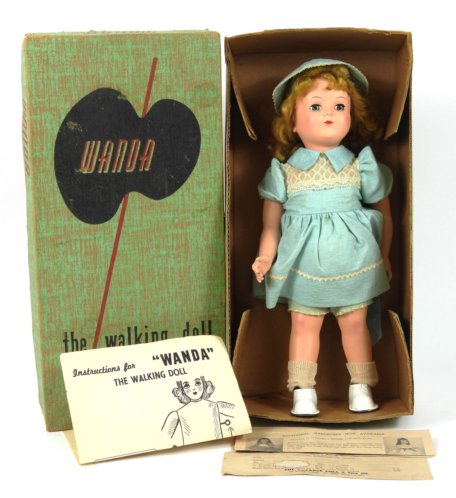 Wanda the Walking Doll w/ Box: United States, Circa 1955, Metal, plastic, vinyl. Wanda the Walking Doll with blonde curled hair wearing a light blue dress and matching hat, includes her original green and red box. Doll 17 1/2"