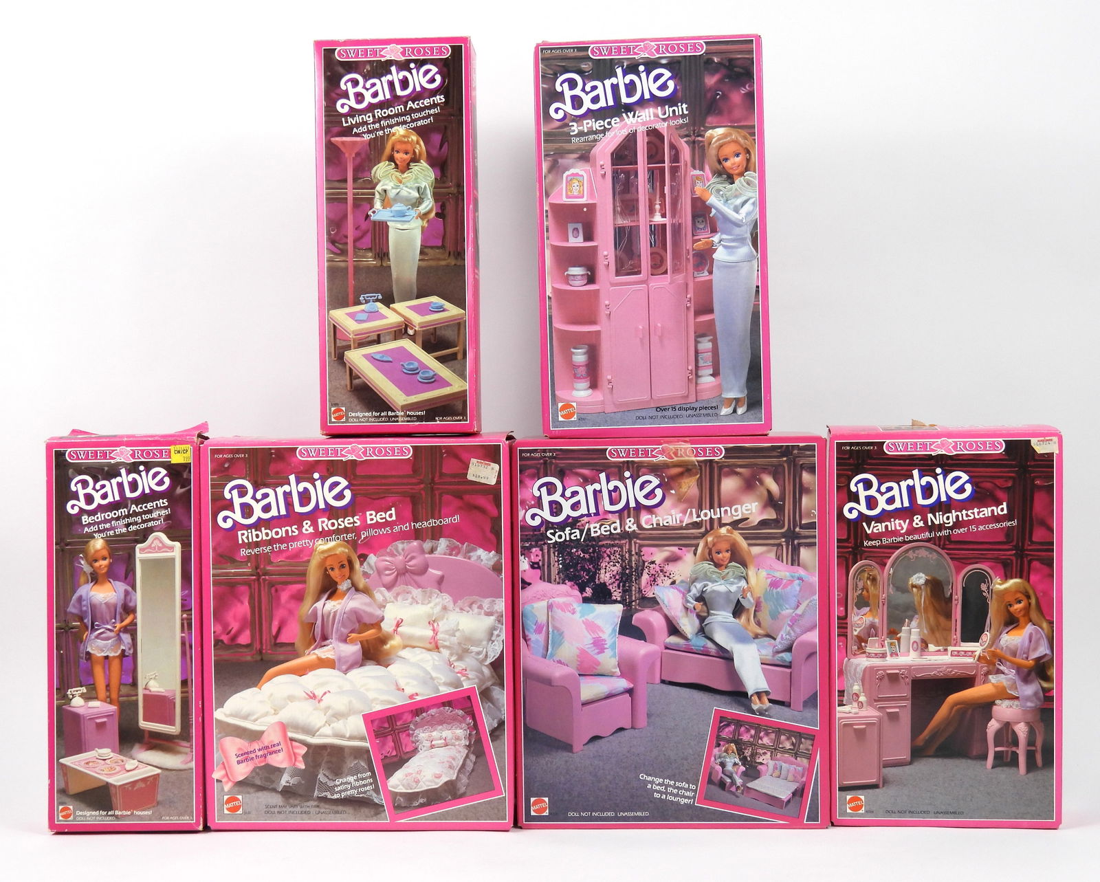 6PC 1987 Barbie Sweet Roses Play Sets: Circa 1987, Plastic, textile. Sets from the Sweet Roses collection included are the 3-Piece Wall Unit, Bedroom Accents, Vanity & Nightstand, Ribbons & Roses Bed, Sofa/Bed & Chair/Lounger, and Living R