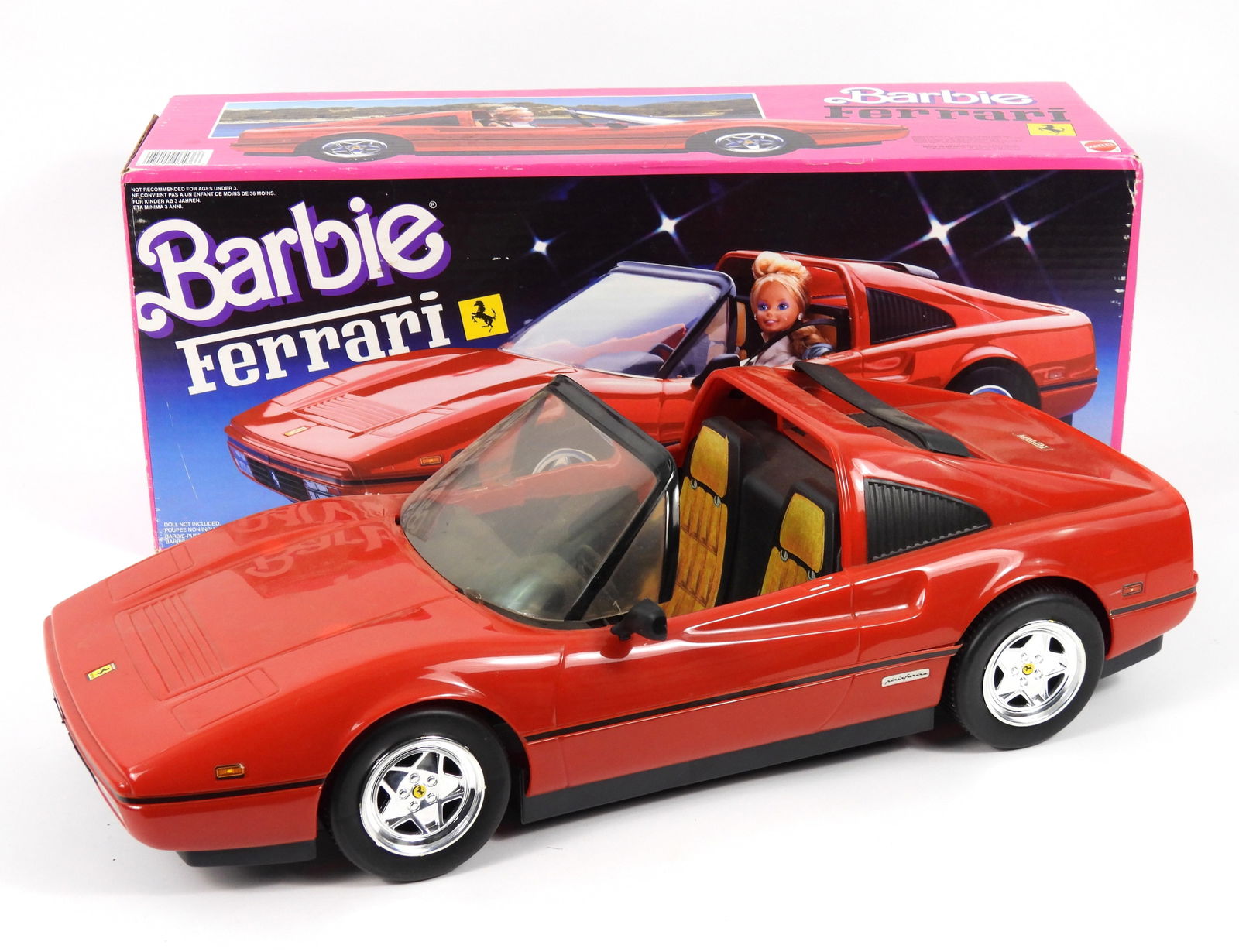 1987 Barbie Red Ferrari Convertible: Circa 1987, Plastic. 1987 Barbie Red Ferrari with original box. Box 9 1/4" t x 22 1/2" w x 9 1/4" d