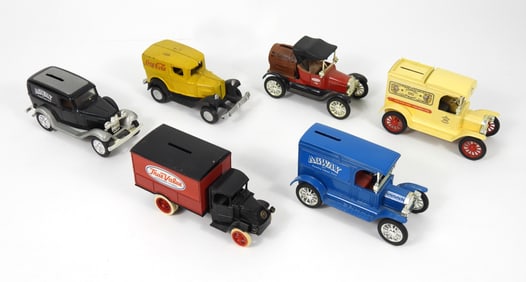 6PC Ertl & Cast Iron Figural Car Banks