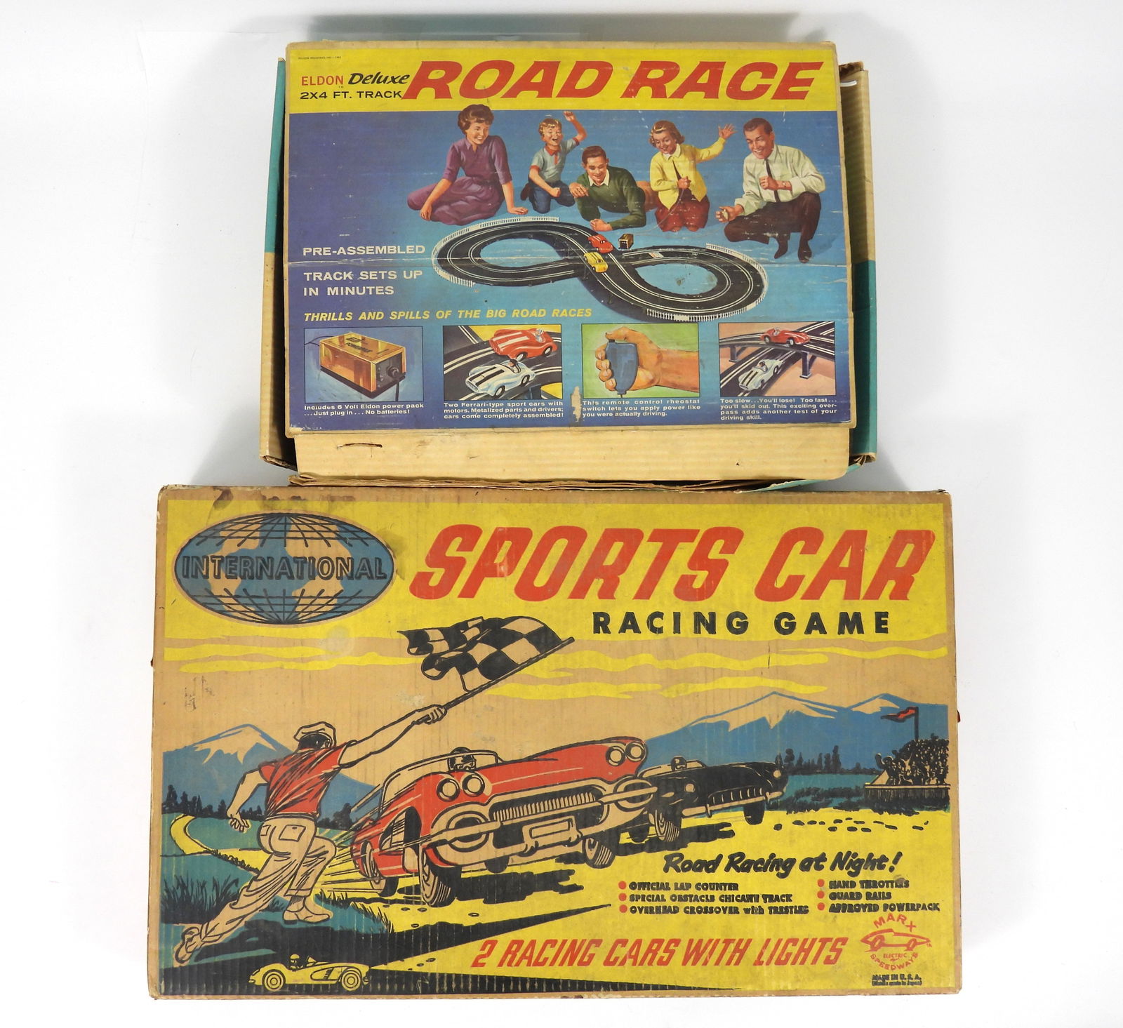 2PC Marx & Eldon Car Racing Track Games: United States, 20th Century, Plastic, metal. Includes an Eldon Deluxe 2x4 foot track with two controllers and battery pack; and a Marx International Sports Racing Game which appears to have all