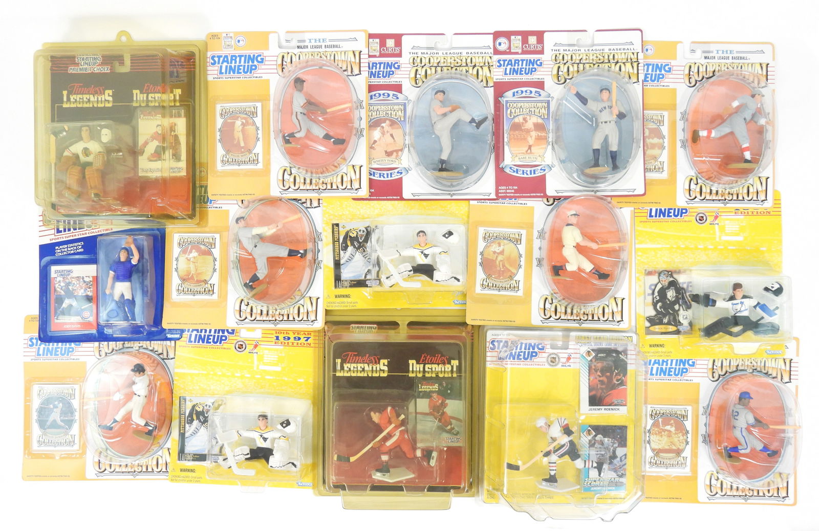 15PC Starting Lineup Baseball & Hockey Figures: United States, Plastic. Includes an assortment of baseball and hockey Starting Lineup action figures including Honus Wagner, Jackie Robinson, Babe Ruth, Patrick Lalime, Darren Puppa, Gordie Howe,