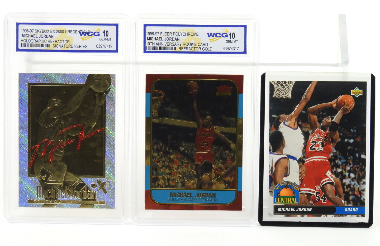 3PC Fleer & Other Michael Jordan Trading Cards: Includes a 1996-97 Skybox Ex-2000 Credentials Michael Jordan Holographic Refractor Signature Series WCG Gem MT 10; a 1996-1997 Fleer Polychrome Michael Jordan 10th Anniversary Rookie Card Refractor