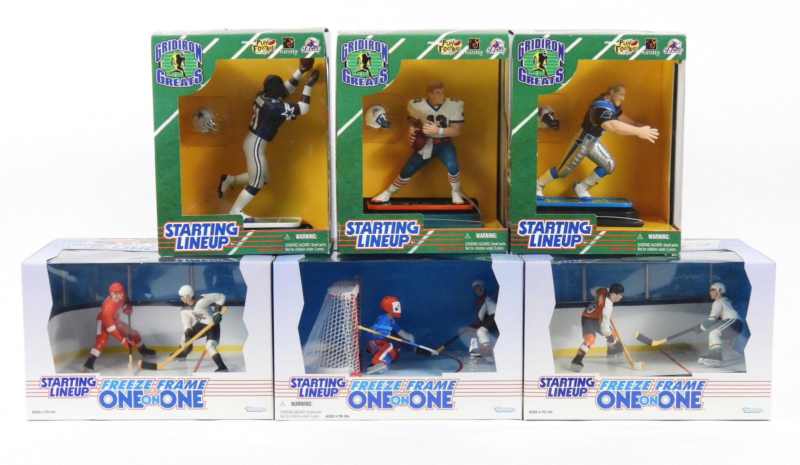 6PC Starting Lineup Hockey & Football Figures: Includes Dan Marino, Deion Sanders, and Kevin Greene for football; and three Freeze Frame One on One sets for hockey. Smallest 9" t x 7" w x 5 1/4" d, Largest 6 1/2" t x 10" w x 7 1/4" d