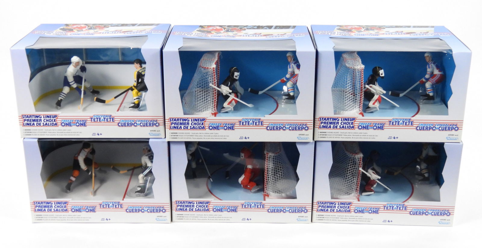 6PC Kenner Starting Lineup Hockey Figures: Six Kenner Starting Lineup Freeze Frame sets in original shipping box. Figure boxes 6 1/2" t x 10" w x 7 1/4" d, Box 14 1/4" t x 22 1/4" w x 10 1/2" d