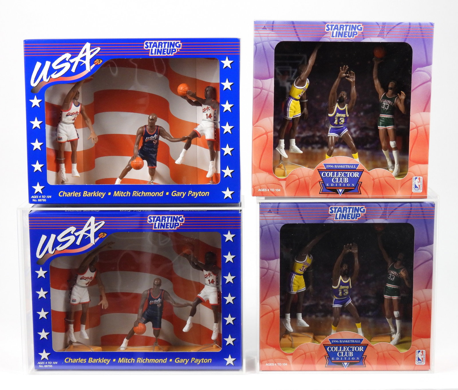 4PC Kenner Starting Lineup Basketball Sets: Sets include Charles Barkley, Mitch Richmond, Gary Payton, Shaquille O'Neal, Wilt Chamberlain, and Kareem Abdul-Jabbar. Smallest 9" t x 9" w x 2 1/2" d, Largest 8 1/2" t x 11" w x 3 1/2" d