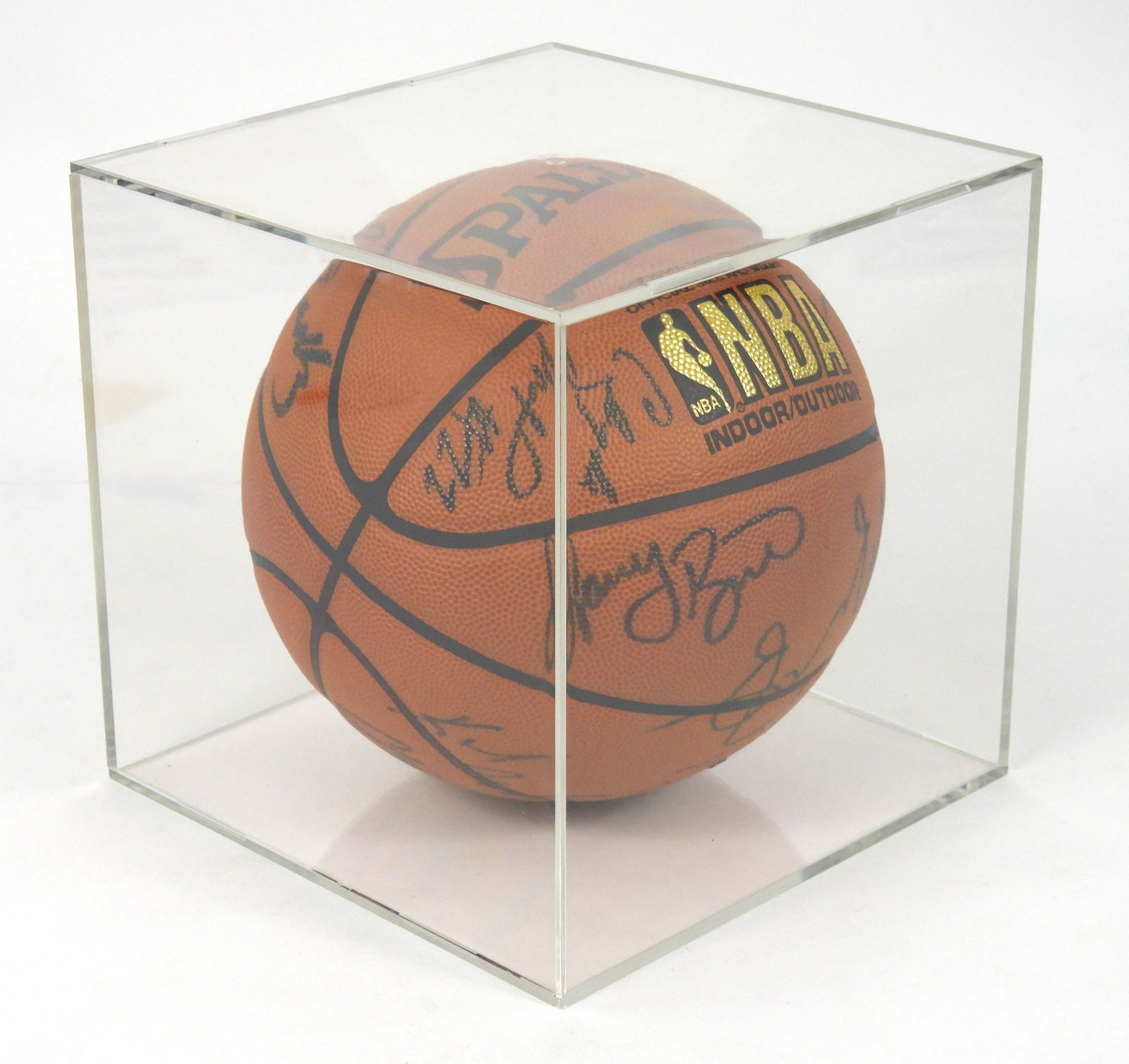 NBA 1st Dream Team USA Olympics Signed Basketball: Cased Spalding Basketball with twelve 1992-1993 USA Olympic team player signatures that include Michael Jordan, Charles Barkley, Larry Bird, Patrick Ewing, David Robinson, Karl Malone, Coach Chuck Dal