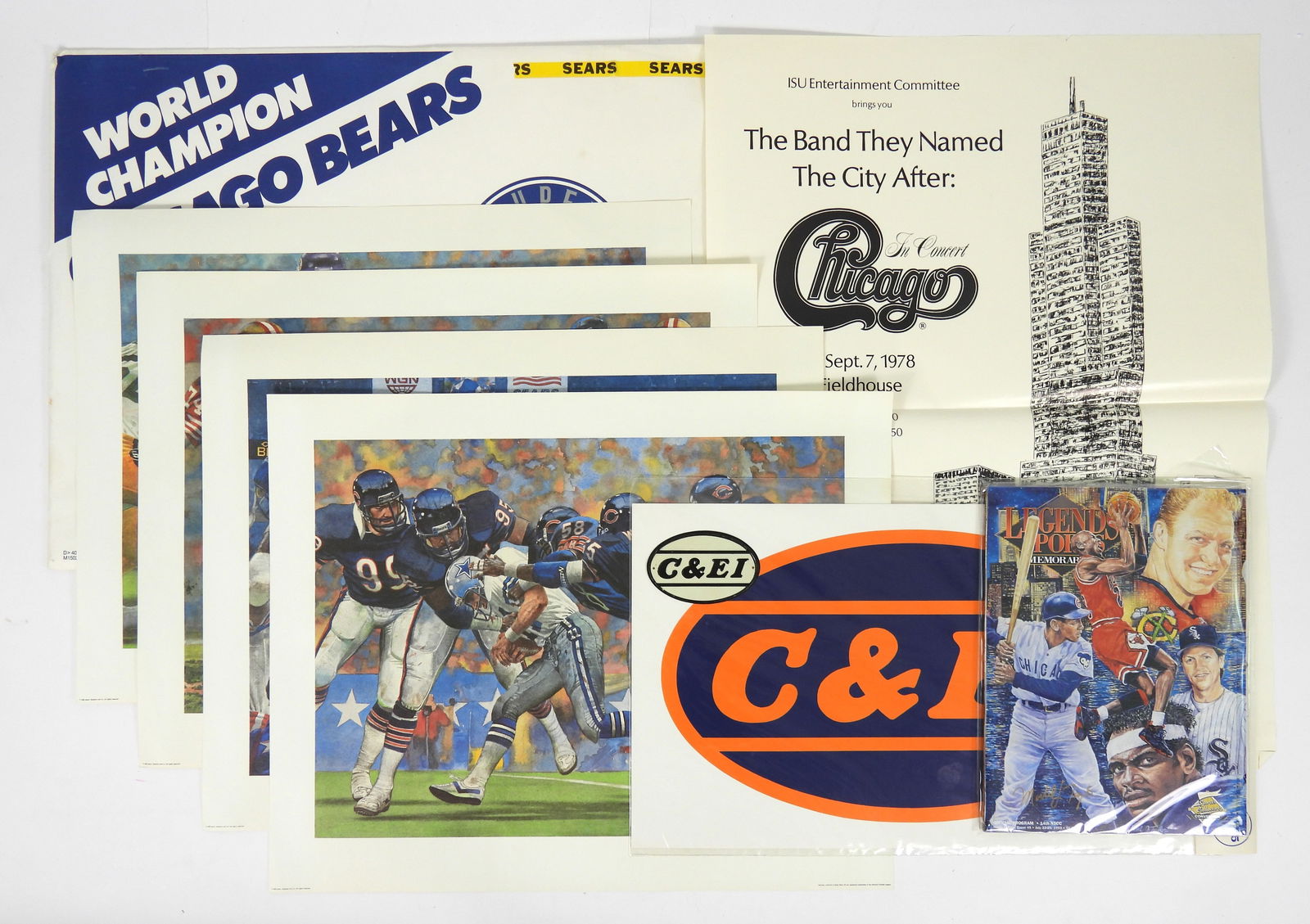 Grouping NFL Chicago & Bears Items: Includes a Michael Taylor signed 1993 14th NSCC Hobby convention Legend Sports magazine in cellophane wrap with no COA, a 1985 World Champions Sears Super Bowl Print collection of 4 various prints tha