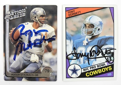 2PC NFL Dorsett & Staubach Signed Trading Cards