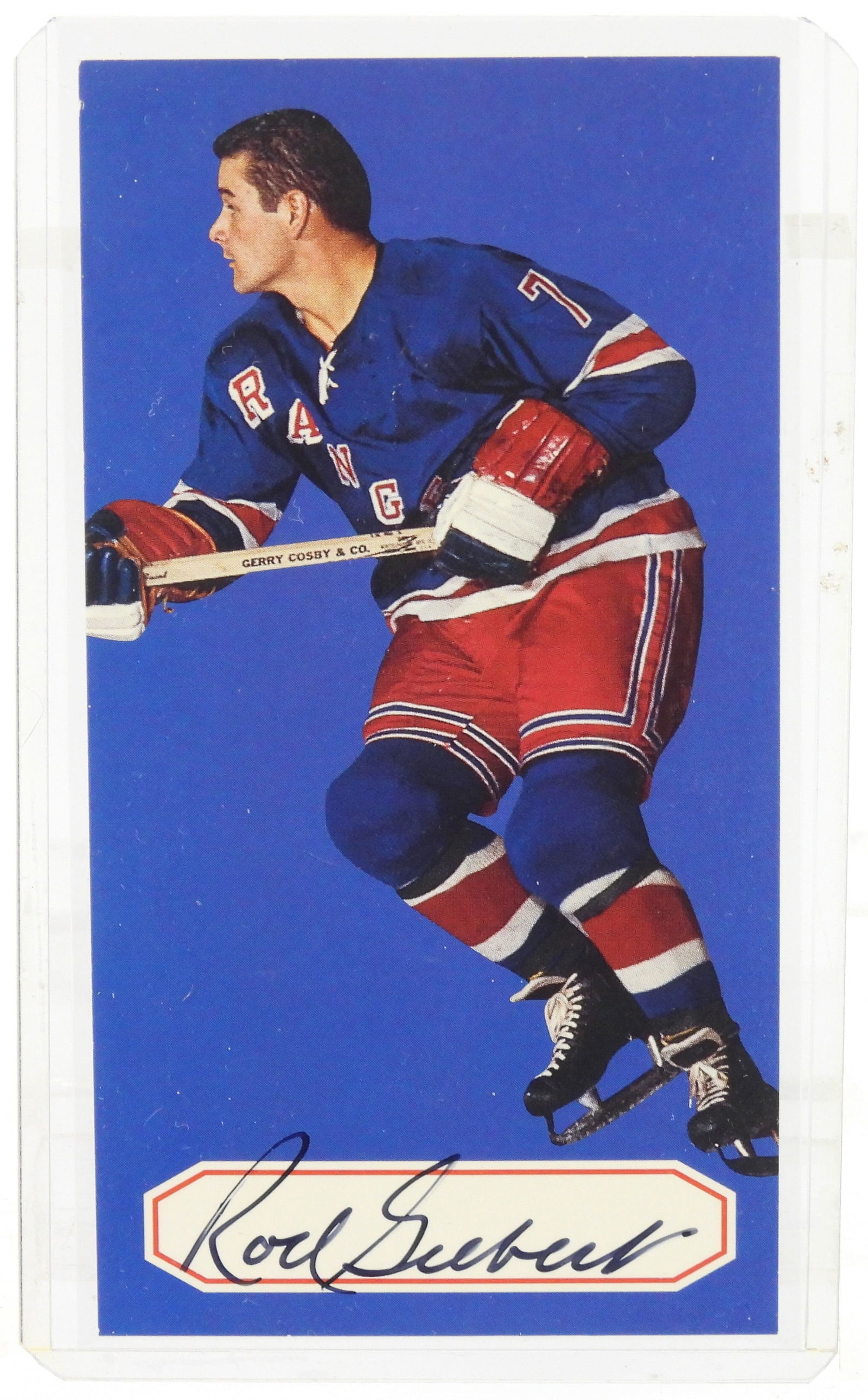 NHL Tall Boy Rod Gilbert Signed Series Card: Parkhurst 1994 6 series card with strong signature. Limited number #411 of 964 made. Always stored in a hard card sleeve that is included. Not graded.
