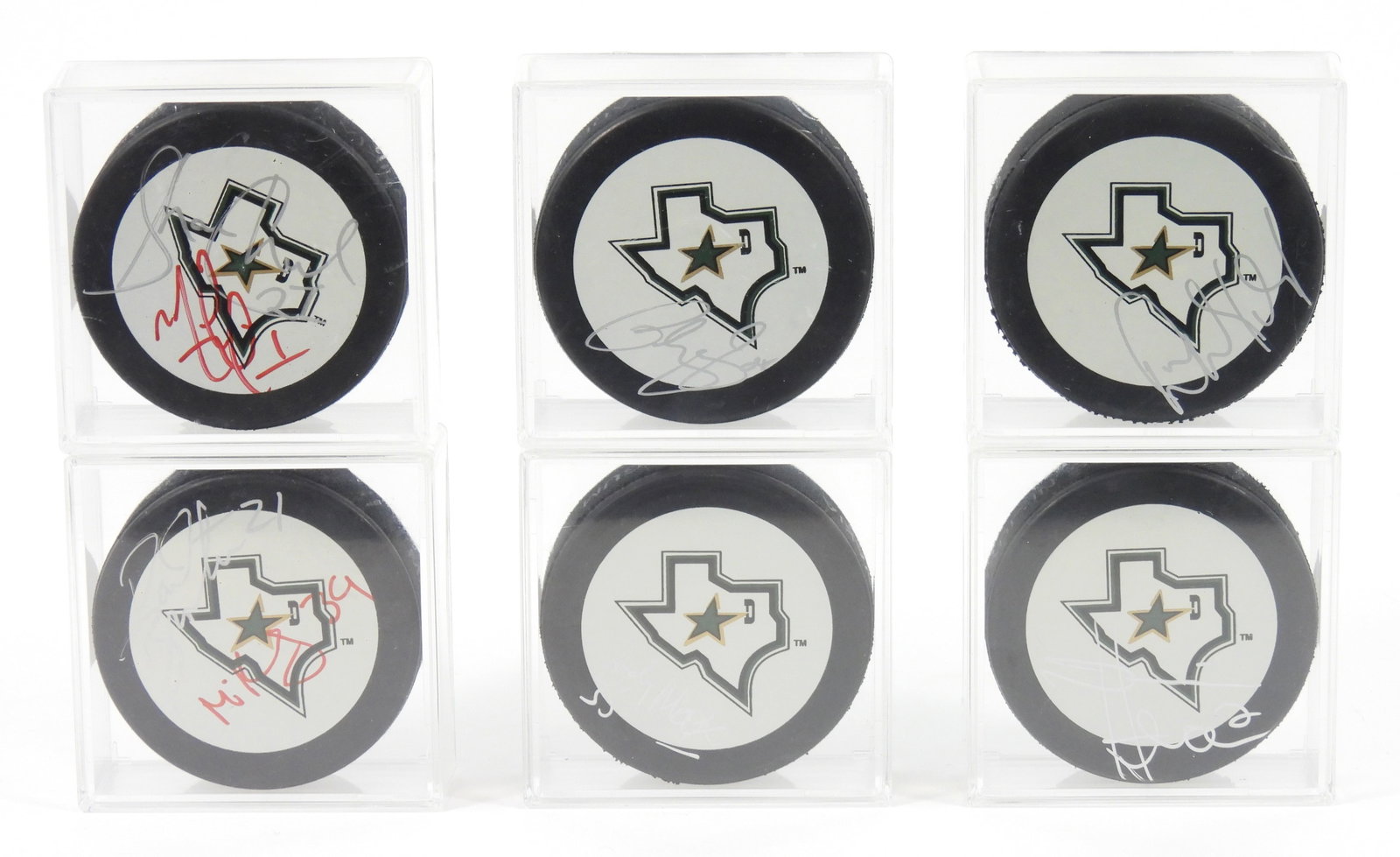6PC NHL Signed Dallas Stars Hockey Pucks: Includes six NHL hand signed pucks with with signatures by Andy Moox, Paul Broten, Mike Kennedy, Shane Churla, and Derian Hatcher. Some appear illegible, with one possibly signed by Todd Harvey.