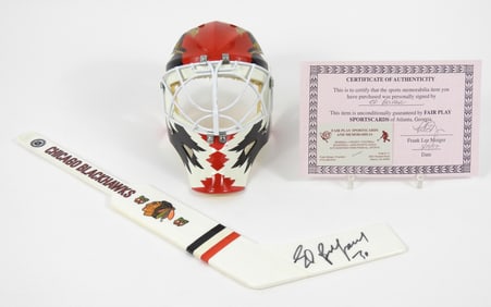 2PC NHL Ed Belfour Signed Mini Mask & Goalie Stick