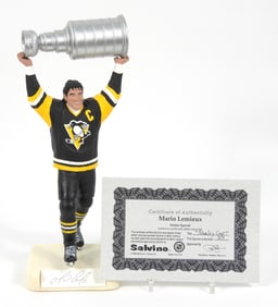 NHL Mario Lemieux Signed Card & Salvino Statue