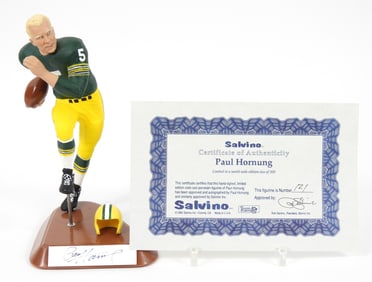 NFL Paul Hornung Signed Card & Salvino Statue