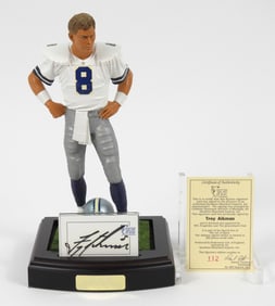 NFL Troy Aikman Signed Card & Art Of Sport Statue