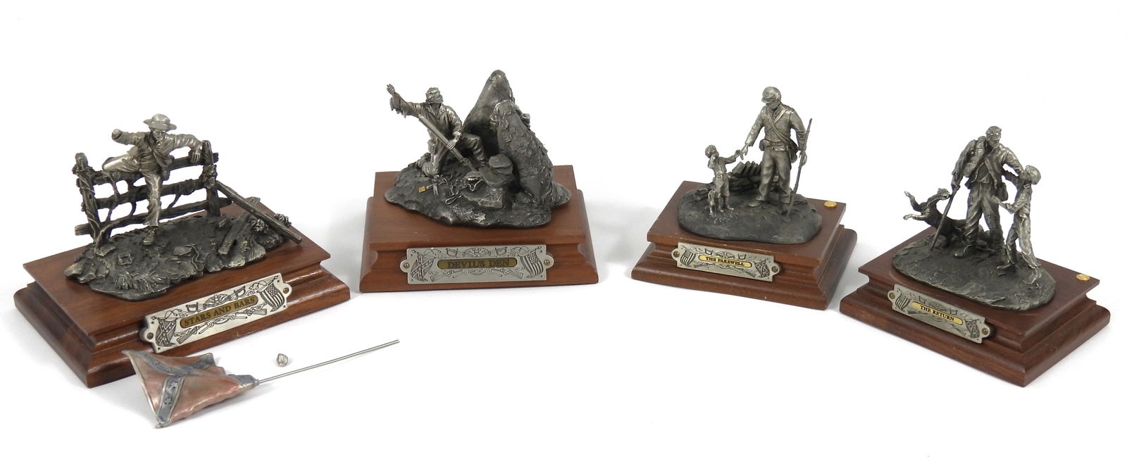 4PC F.J. Barnum Pewter Civil War Sculptures: Francis J. Barnum, United States, 20th Century, Pewter, wood. Includes a sculpture titled "Stars and Bars" number 260/2500, a sculpture titled "The Farewell" number 852/2500, "Devil's Den" number 1202
