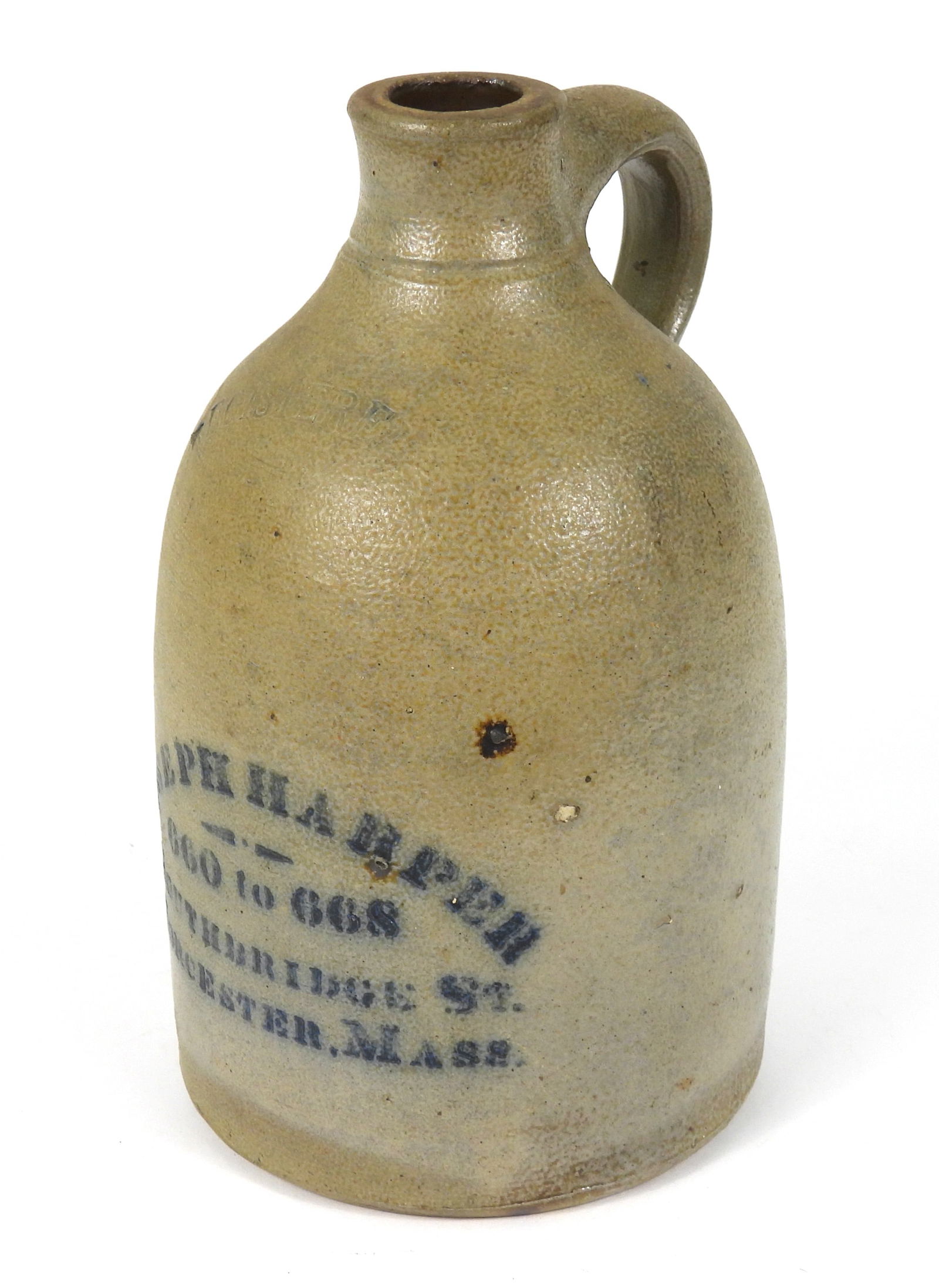 Joseph Harpen Stoneware Crock: Massachusetts, Late 19th Century, Stoneware. Single handled stoneware crock jug marked "Joseph Harpen 660 to 668 Southbridge St. Worcester, Mass." in cobalt blue letters across the front. Approx. 10"
