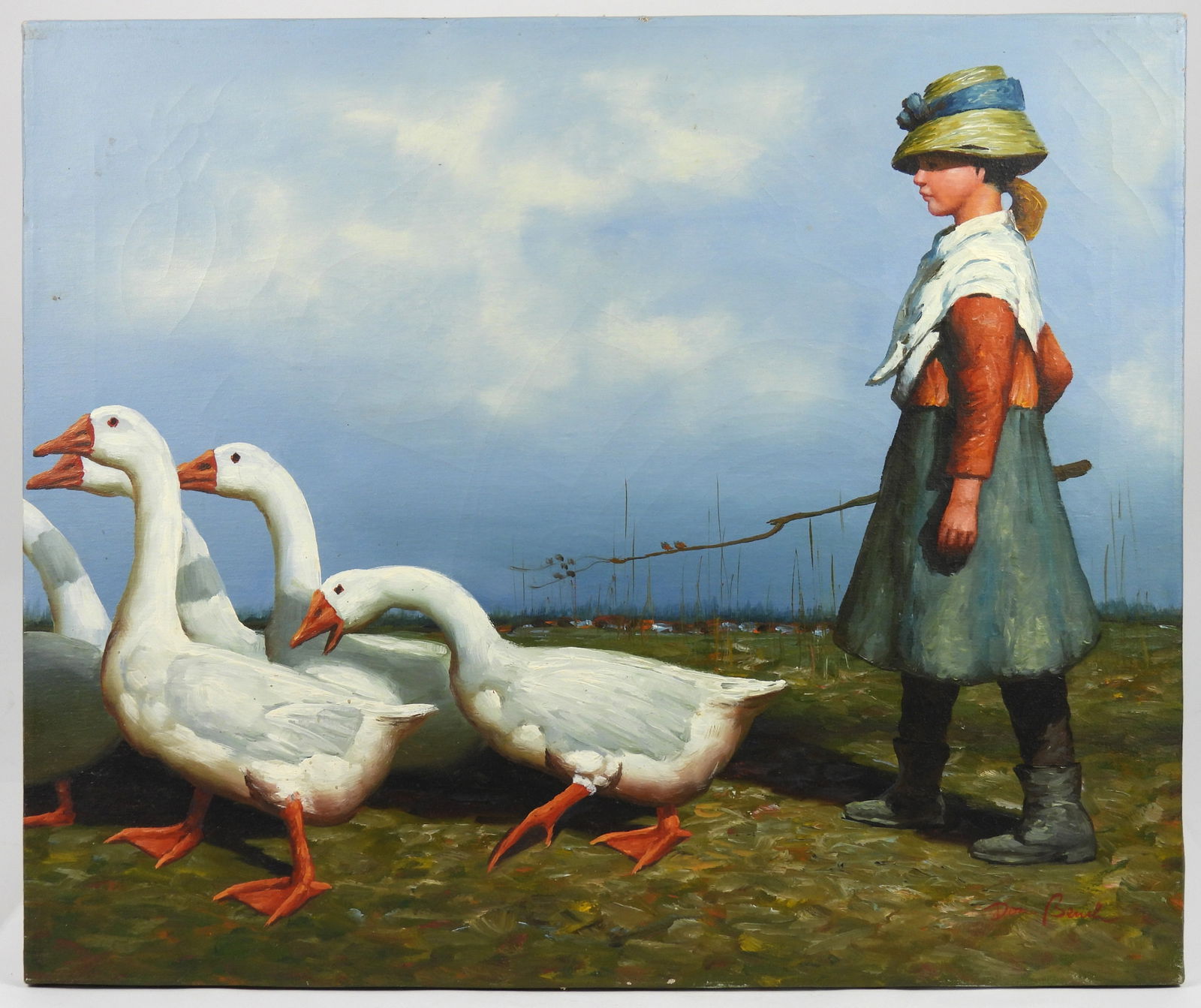 Dan Bench Geese Herding Painting: Dan Bench, Contemporary, Acrylic on canvas. Depicts a young girl herding a flock of geese, titled "To Pastures New" after a work of the same name by Scottish artist James Guthrie (1859-1930). Approx.
