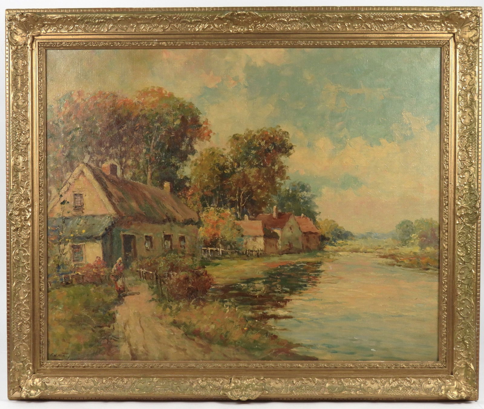 Frances H. McKay Village Landscape Painting: Frances H. McKay, Maine, 1880-1969, Oil on canvas. Autumnal landscape depiction of a row of white houses beside a river surrounded by vibrant foliage. McKay is best known for bucolic New England