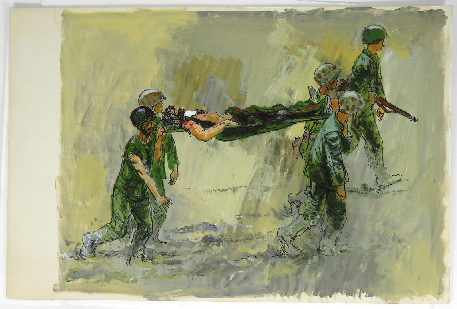 John McDermott WWI Medic Illustration Painting: John McDermott, United States, 1919-1977, Paint on board. Study illustration depicting WWII soldiers and medics carrying a wounded comrade on a stretcher. McDermott was an author and illustrator,