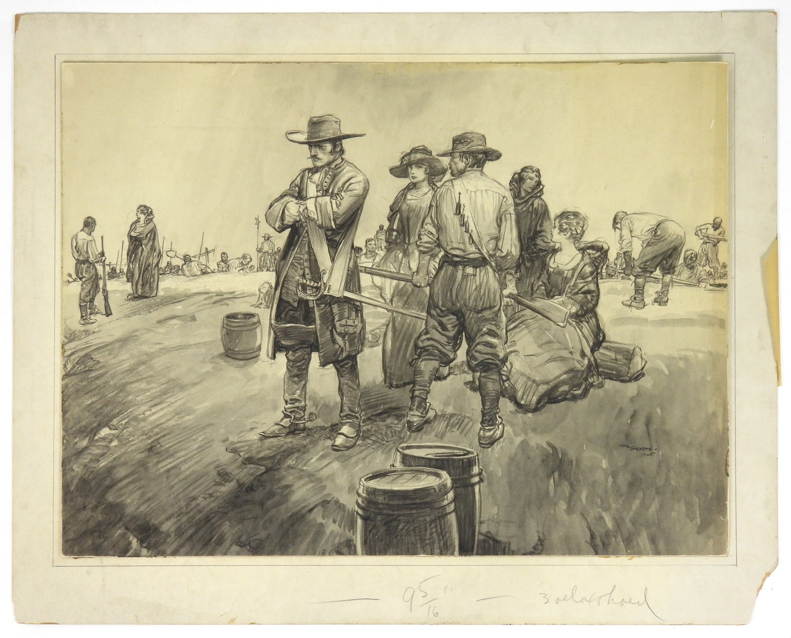 Herbert M. Stoops Illustrative Study Drawing: Herbert M. Stoops, United States, 1888-1948, Charcoal, inkwash on paper. Illustrative work depicting men and women dressed various period costumes. Image 14 5/8" x 19 3/4", Overall 18 1/4" x 22 3/4"