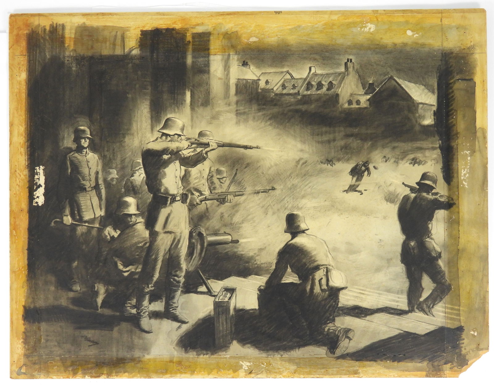 Herbert M. Stoops The Way Back Illustration: Herbert M. Stoops, United States, 1888-1948, Charcoal, inkwash on board. Illustrative depiction of WWI German soldiers firing at opposing forces, identified on back as "The Way Back #9 by Erich