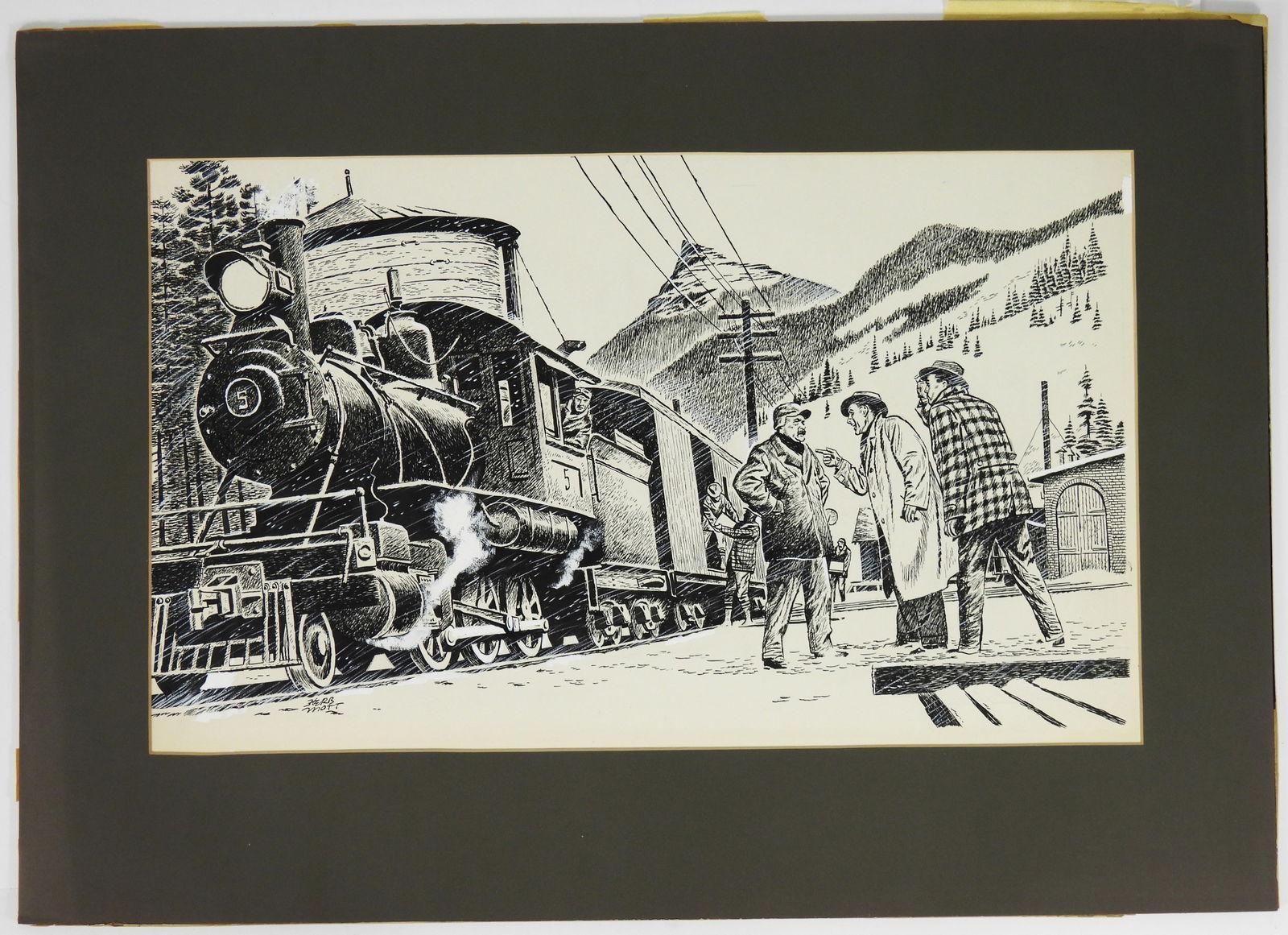 Herb Mott Steam Engine Ink Illustration Drawing: Herb Mott, United States, 1923-2017, Ink on paper. Illustration depicting two men confronting a conductor while figures in the back work on loading a steam engine. In 1943, Mott joined the Air