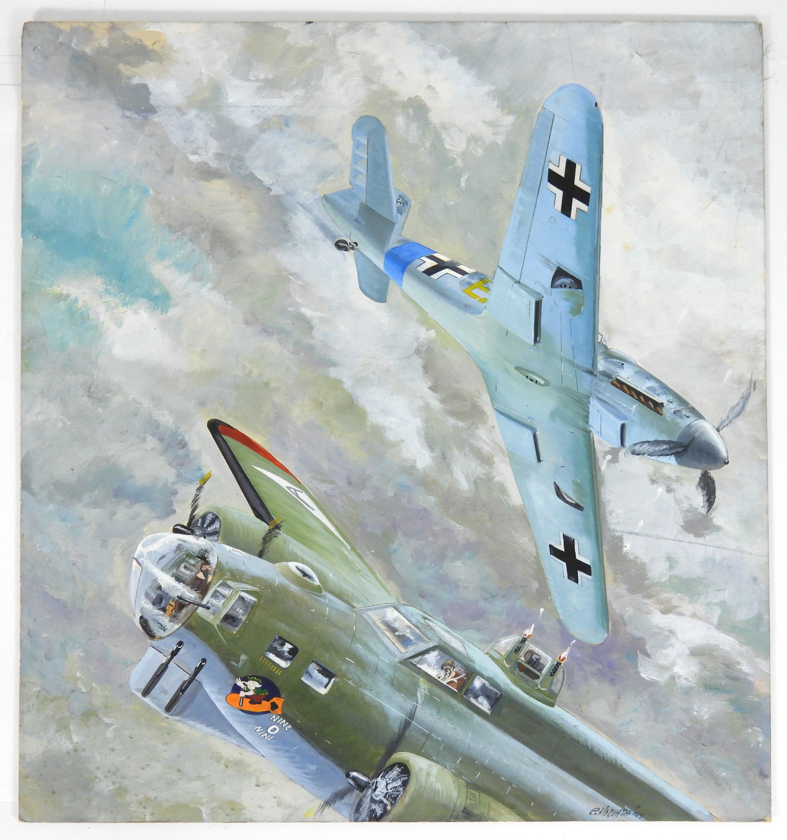 Robert Horvath WWII Aerial Combat Painting: Robert Horvath, United States, 20th Century, Oil on board. Depicts a German Messerschmitt Bf 109 and an American B-17 Flying Fortress Bomber engaged in Aerial Combat. Horvath is best known for his avi