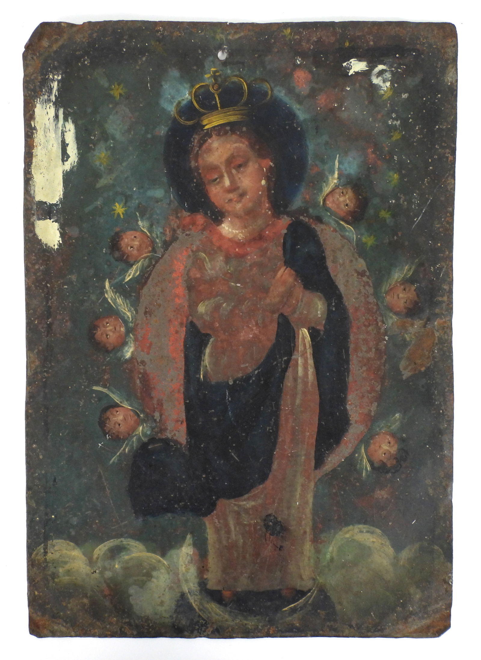 Virgin Mary Painted Tin: Early 20th Century, Paint on tin. Depiction of the Virgin Mary wearing a gold crown swathed in red and blue robes surrounded by cherubs. The back of the tin panel includes a piece of tape marked "Arle