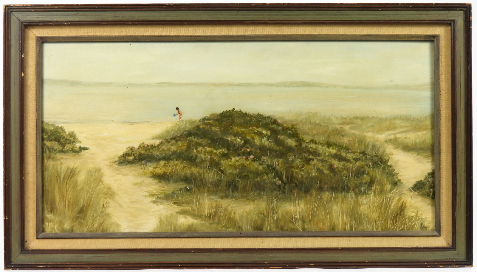 Impressionist Beach Landscape Painting: J. Davis, United States, 20th Century, Oil on board. Impressionist landscape depicting a young girl playing along the shoreline surrounded by tall beach grass. Board 12" x 24", Frame 15 3/4" x 27 3/4"