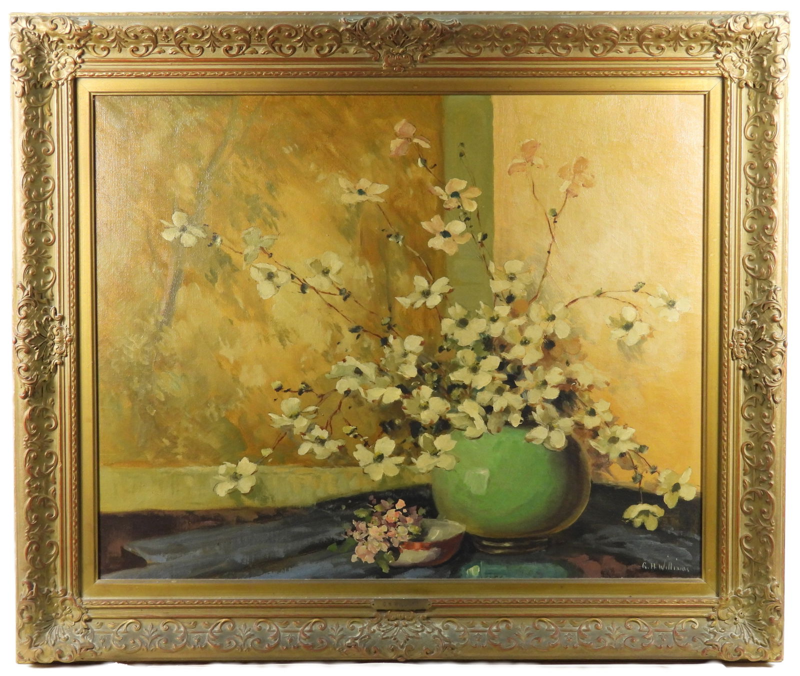G.H. Williams Botanical Still Life Painting: G.H. Williams, Australia, 1878-1964, Oil on canvas. Impressionist depiction of a celadon vase full of white flowers and a small dish with pink hydrangea arrange on a blue cloth. Canvas 24" x 30",