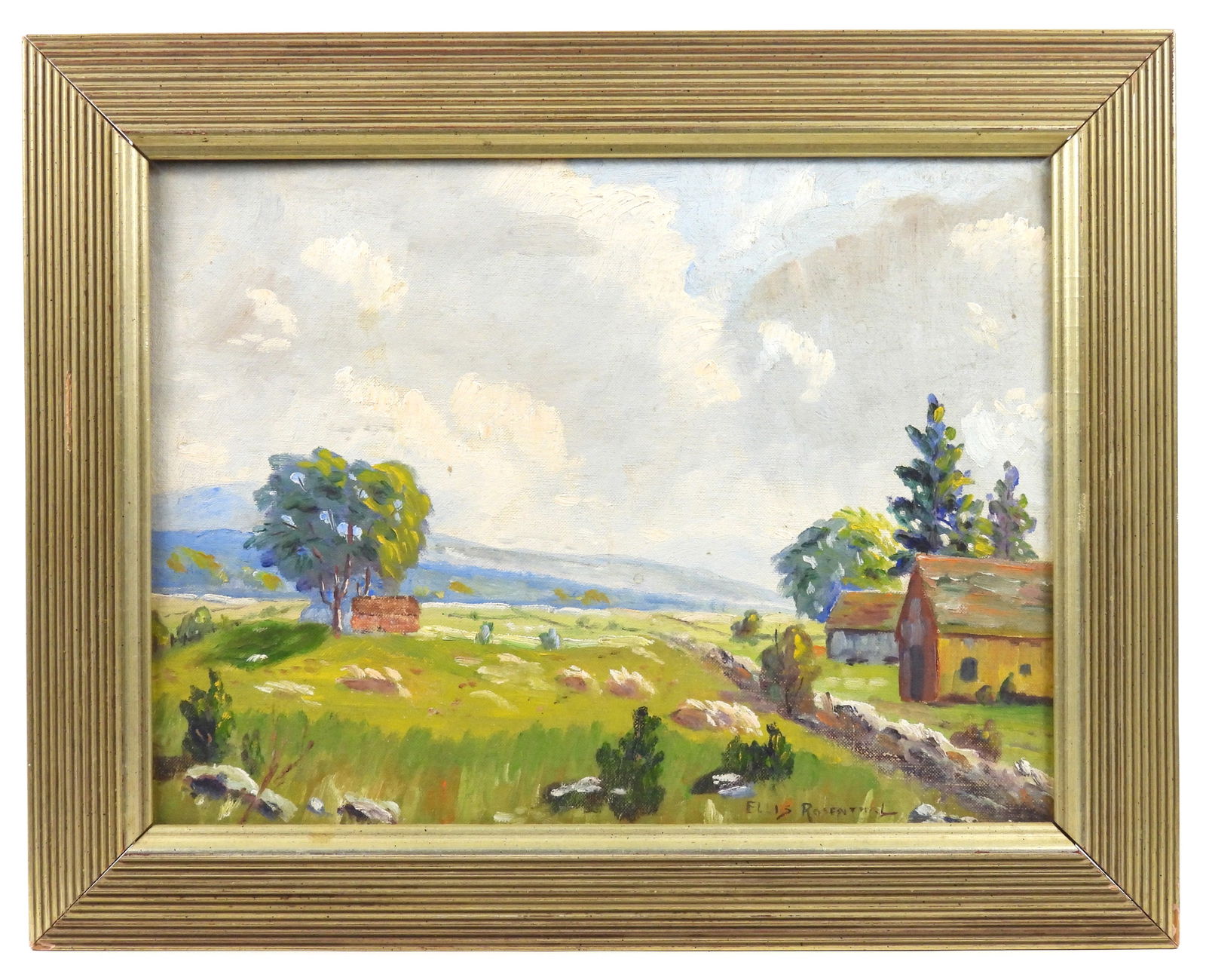 Ellis A. Rosenthal Farm Landscape Painting: Ellis A. Rosenthal, Rhode Island, Late 19th-Early 20th Century, Oil on board. Impressionist depiction of farm land overlooking distant mountains with two outbuildings nestled off to the side. Ellis