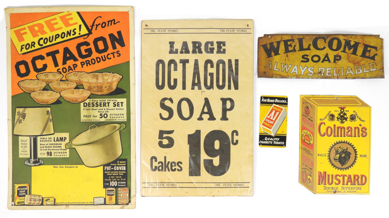 5PC Vintage Octagon Soup & Other Advertising Signs: Mid 20th Century, Metal, paper. Includes a Coleman's Mustard sign, a Ringer's A1 Light Tobacco sign, a Welcome Soap sign, a Tri-State Stores Octagon Soap sign, and an Octagon Soap coupon