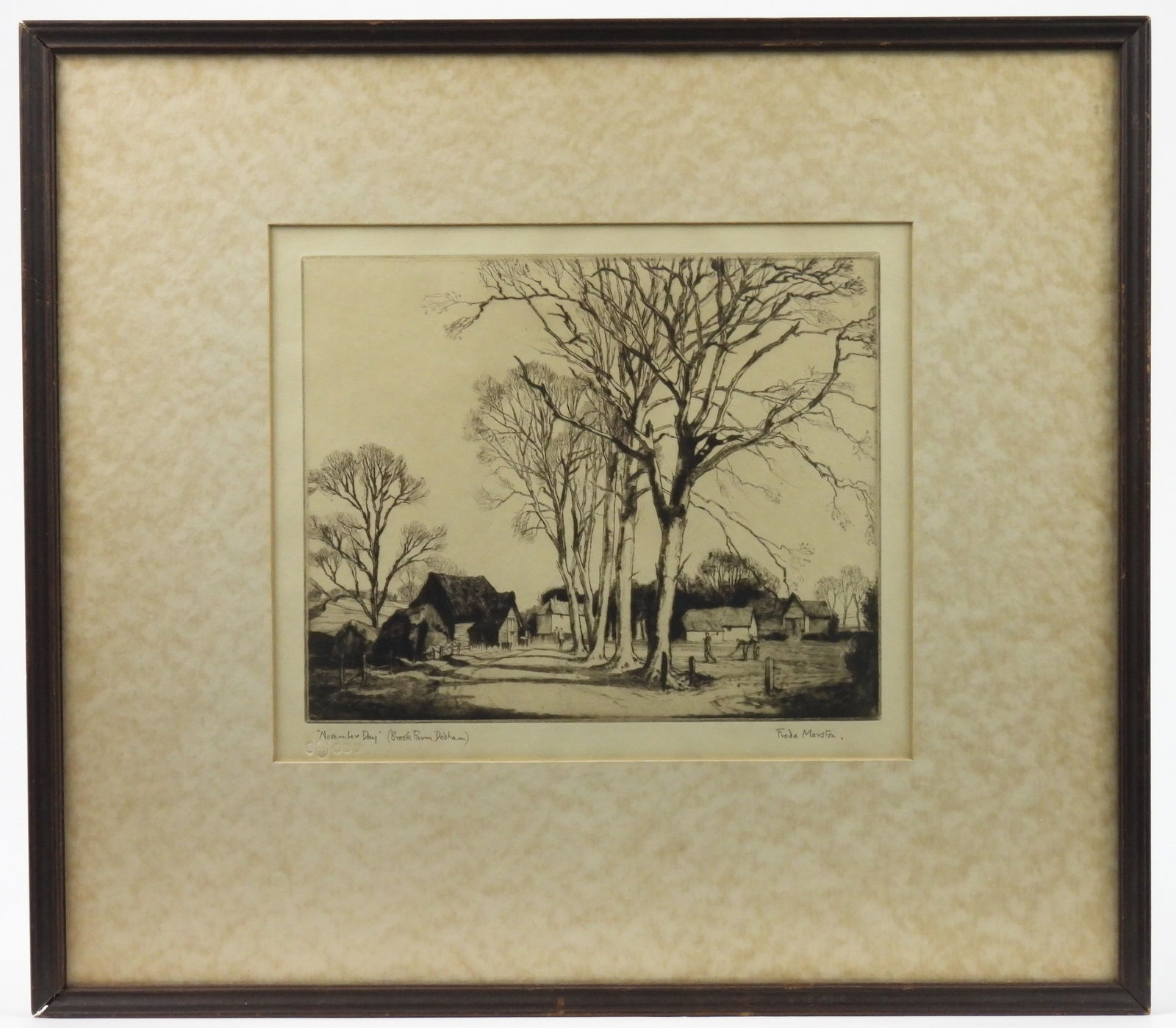 Freda Marston English Farm Landscape Etching: Freda Marston, England, 1895-1949, Etching on paper. Titled "November Day (Brook Farm Dedham)", depicts a quaint village farm with a post fence and trees lining a dirt path. Marston studied under