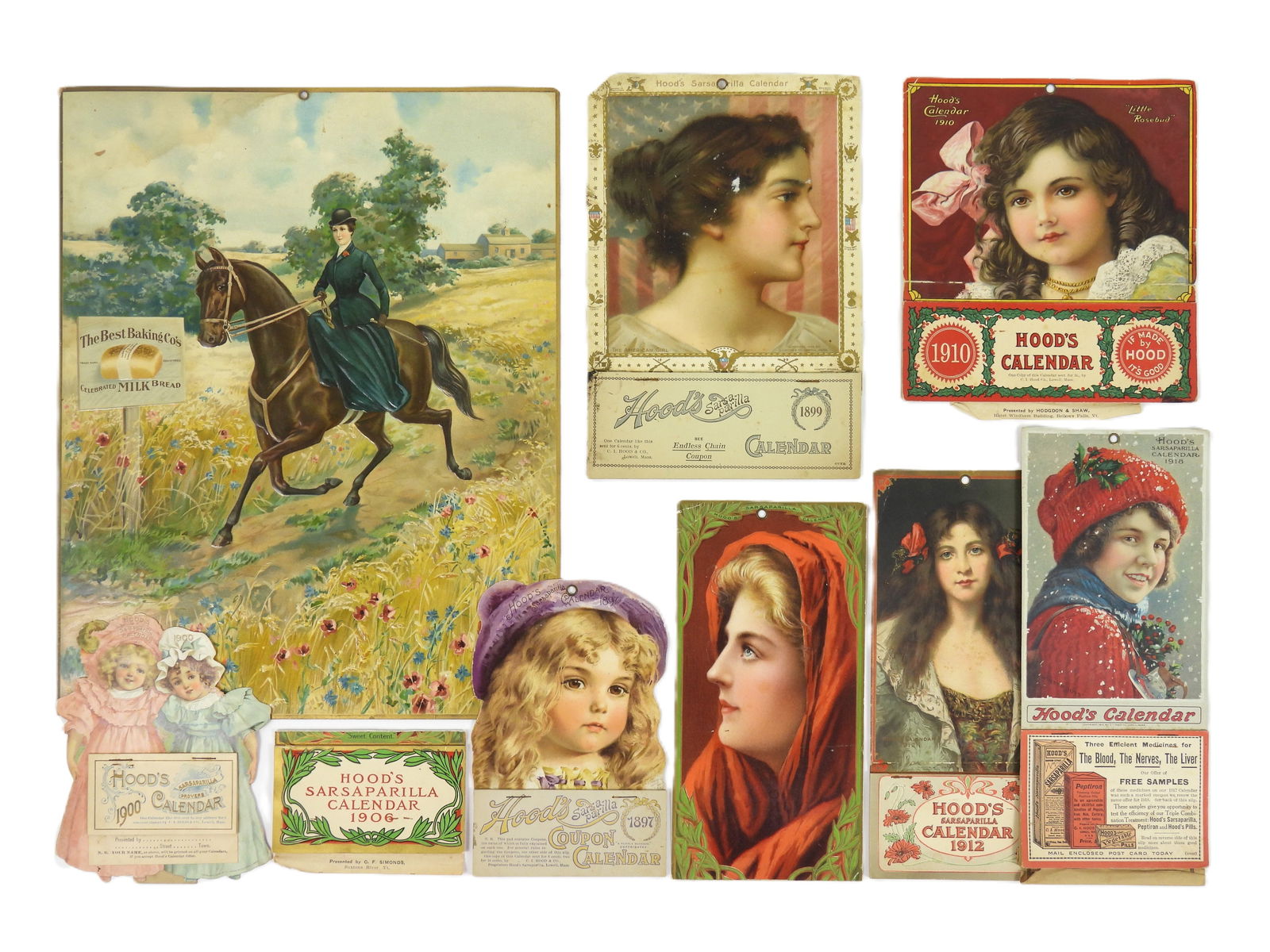 8PC Hoods Sarsaparilla Coupon Calendars & Other: United States, Early 20th Century, Print on paper. Includes a 1918, a 1900, an 1897, a 1906, a 1912, an 1899, and a 1910 Hood's Sarsaparilla calendar as well as an advertisement for The Best Baking 