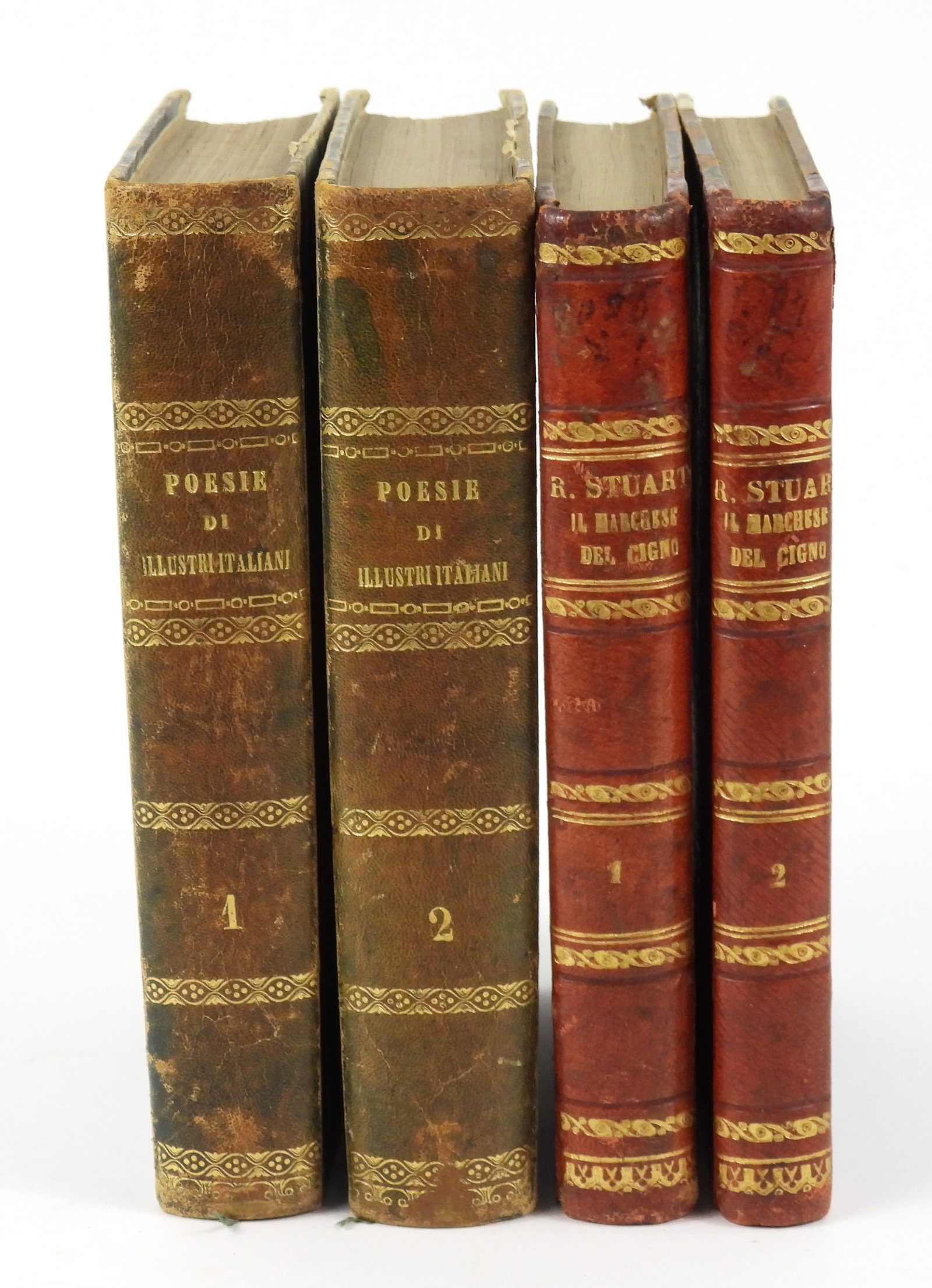 4PC 19C Bosio & Stuart Italian Books: Italy, 1865-1876, Print on paper. Includes an 1865 "Poesie di Illustri Italiani Contemporanei" Vol. I and II by Ferdinando Bosio; and an 1876 "Il Marchese del Cigno" by Roberto Stuart Volume I and