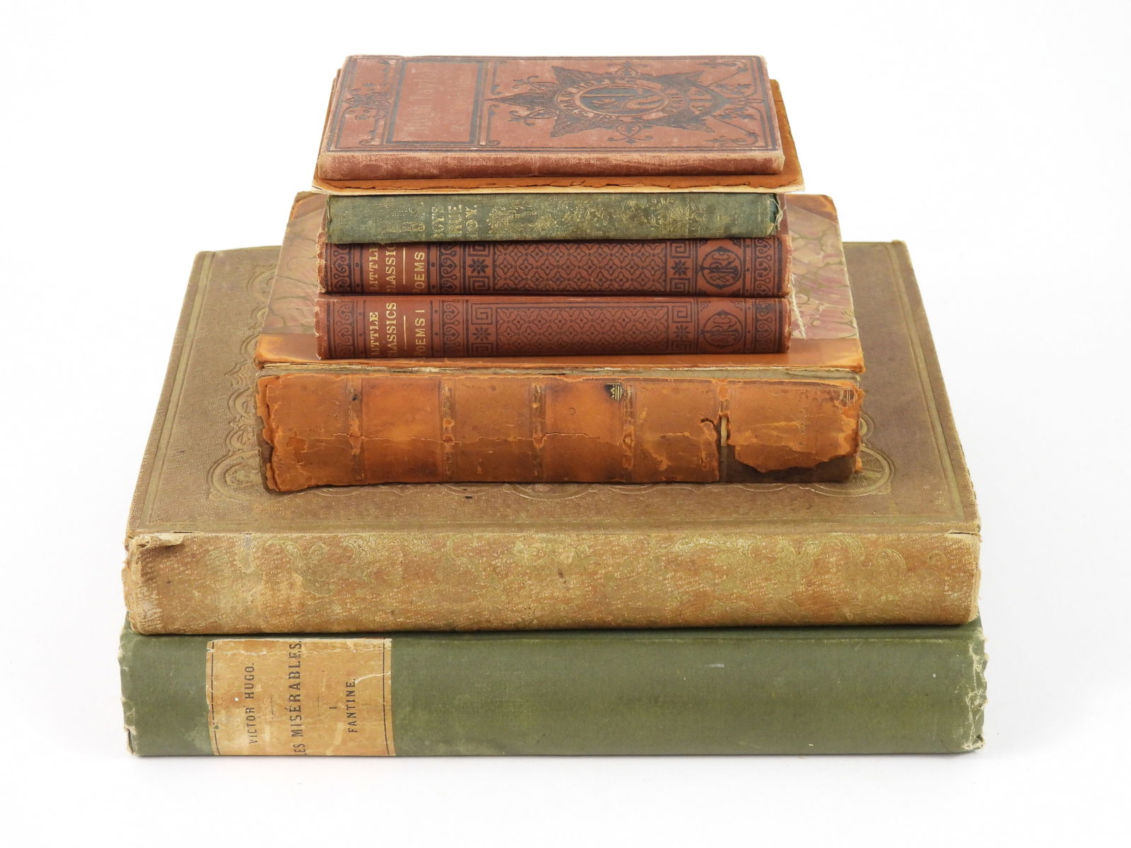 8PC 19C Les Miserables & Other Books: Late 19th Century, Print on paper. Includes "Hugh Taylor or, The Desert Island" by F.A.N., "The Boy's True Joy" by Mrs. Mary Durang, a partial cover marked "Miles Standish," an 1875 "Little Classics"