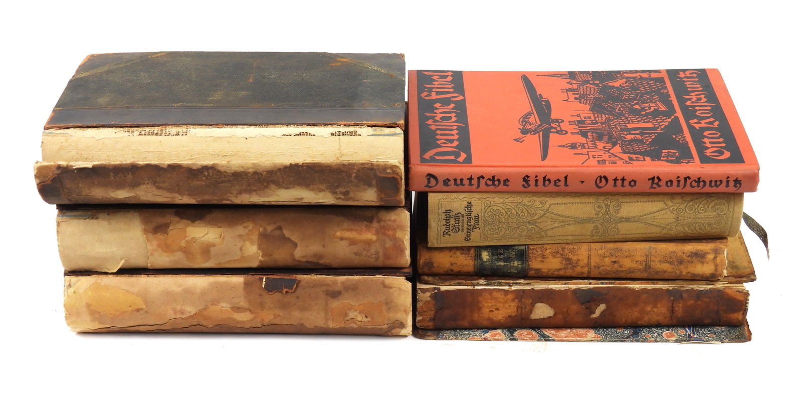 7PC History & Other Antique Books: 19th-Early 20th Century, Print on paper. Includes a 1913 "Geine englische Frau" by Rudolph Gratz, 1934 english printing of "Deutsche Fibel" by Otto Koischwitz, Volumes I-III of 1813 "Ancient 