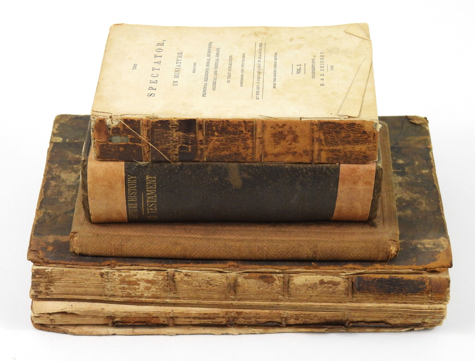 4PC 19C Religious & Other Books: Circa 1804-1883, Print on paper. Includes an 1846 "The Spectator, in Miniature" by Rev. F. Prevost and F.W. Blagdon, a circa 1864 "The Pictorial Tract Primer" published by the American Tract