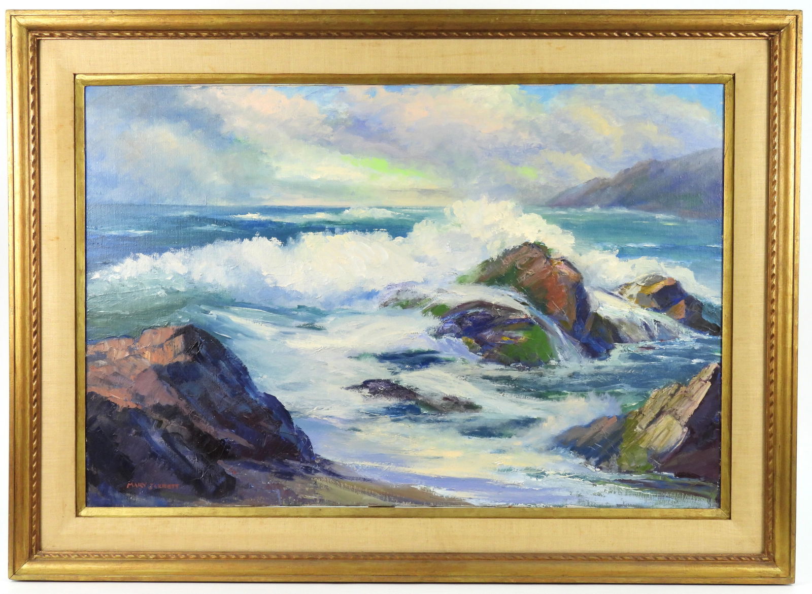 Mary Jarrett Ocean Seascape Painting: Mary Adolyn Jarrett, California, 1912-1983, Oil on canvas. Impressionist seascape depicting waves crashing against jagged rocks. Jarrett studied at Otis Art Institute in Los Angeles, Academie de la Gr