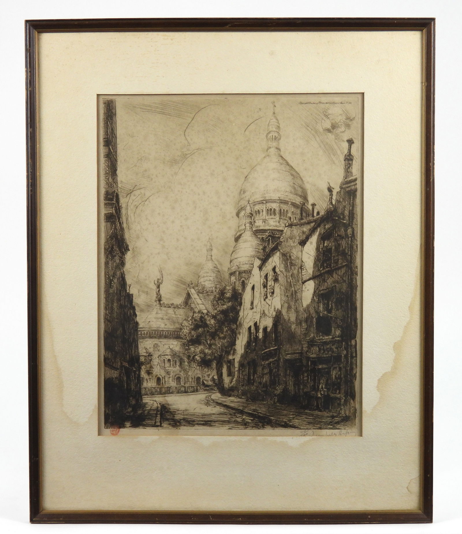 Jean Jules Dufour Architectural Landscape Etching: Jean Jules Dufour, France, 1889-1945, Etching on paper. Depicts a view of the Rue Du Chevalier in Paris, France. Sight 13 3/4" x 10 3/4", Frame 20 3/4" x 16 3/4"